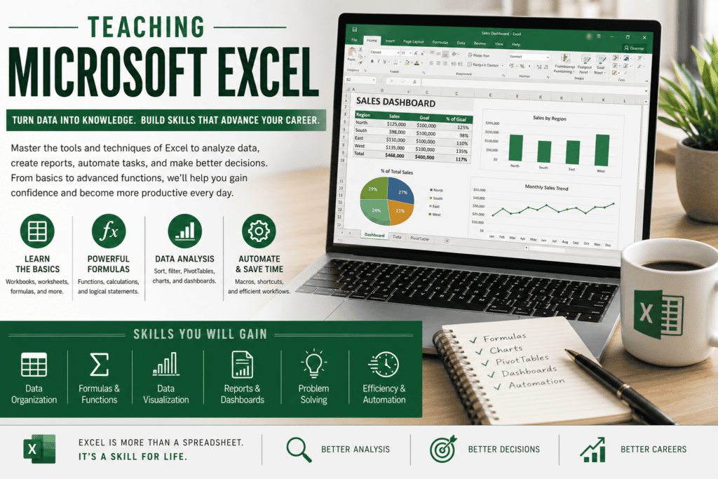Excel training for navigation, formulas, and data analysis skills.